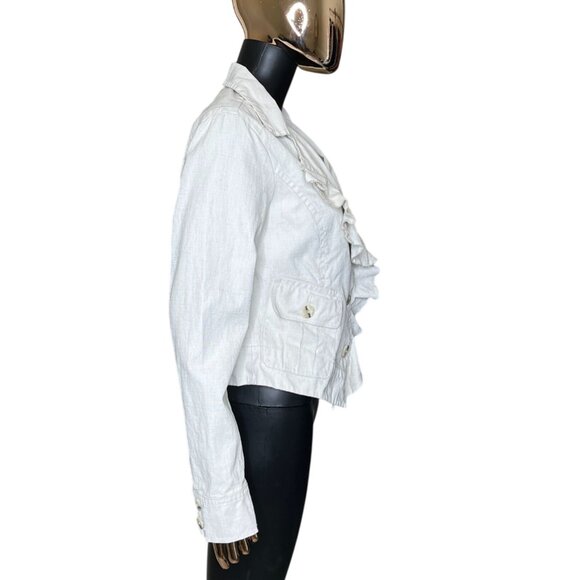 ✨ CAbi Linen Ruffle Jacket #325 Beige Oatmeal Blazer Size Medium - Picture 7 of 12